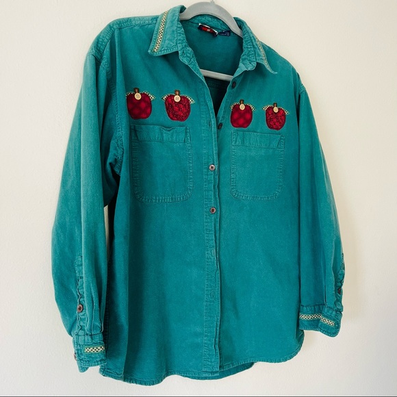 vintage 90s apple button down shirt blouse green cotton appliqué long sleeve top - Picture 6 of 6